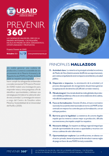 Prevenir 360º La cadena de valor del oro de la Minería Artesanal y de Pequeña Escala en Madre de Dios: Diagnóstico, oportunidades y propuestas